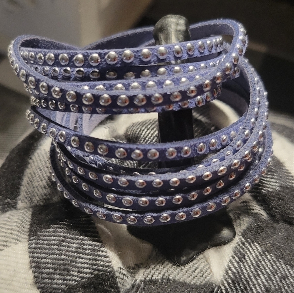 Blue studded adjustable double wrap bracelet or choker